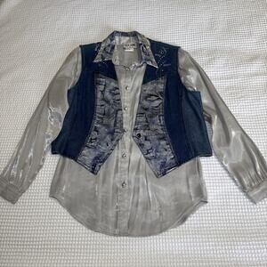 VTG City Girl Sport 2 pc Set Denim Vest Sz 14, Shiny Gray Blouse Sz 12 Western